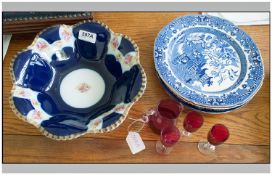 Small Collection of Pottery and Glass comprising 4 Pieces of Cranberry Glass, German Porcelain
