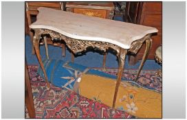 French Style Brass Framed Console Table, Shaped Pierced Form, With Marble Top. Height 28 Inches,
