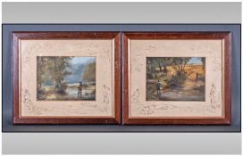 Pair Of Signed Louis Stern Oils On Board. Each depicting fishing scenes. Signed to lower left/right.