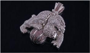 Large Heavy Silver Pendant In The Form Of A British Bull Dog, Pave Set Throughout With White Stones.