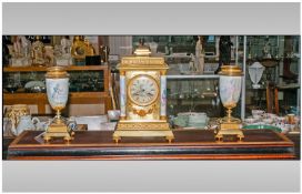 A French Late 19th Century Jarry Freres Gilt Metal and Porcelain 3 Piece Garniture Clock Set. c.