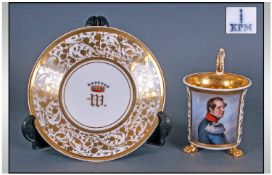 Berlin KPM Cabinet Cup And Saucer, Hand painted, polychrome portrait of a Freiherr (German