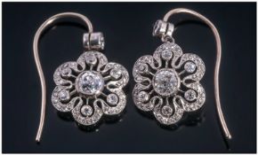 Edwardian Style Diamond Earrings, Of Floral Openwork Design, Central Round Cut Diamonds Surrounded
