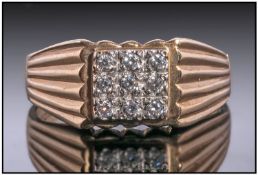 Gents 9ct Gold Diamond Signet Ring. Set with 9 Round Cut Diamonds, Fully Hallmarked. Ring Size W.