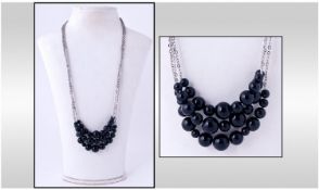 Black Agate Layered Necklace, three rows of graduated round black agate bead sections held on