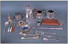 Collection Of Silver Plate, Metal Ware And Oddments. Comprising tea cup holder, flat ware, pewter,