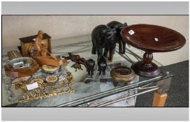 Collection Of Oddments And Collectables. Comprising turned tazza, 4 ebony African elephants, brass