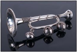 Edwardian Novelty Silver Baby's Rattle and Whistle in the form of a trumpet. Hallmark Birmingham