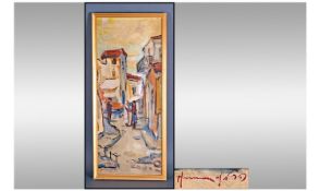 Herman Middle Eastern Street Oil On Board. Signed in English and Hebrew script. Size 27 x 11 inches.
