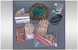 Small Assortment of Collectables including peacock feather, cameras, ladies vintage gloves,