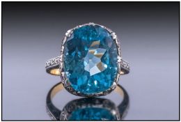 18ct Gold Blue Topaz Dress Ring, Early Scroll Gallery Setting With Diamond Chips, Unmarked but Tests