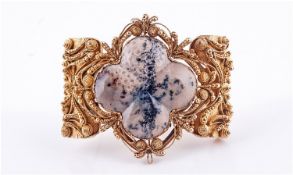 19th Century Gilt Metal Mourning Brooch, The Front Set With A Polished Quatrefoil Stone, Possibly