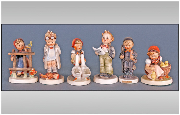 Hummel Figures, A Collection of Six Early Figures, Comprises 1/ Chimney Sweep. 2/ Goose Girl. 3/ Boy