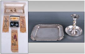 Mixed Lot Of Oddments Comprising silver plated rectangular salver, silver plated candle holder, pair