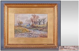 Victorian Watercolour, Countryside scene with river and landscape to rear. Gilt framed. Signed and