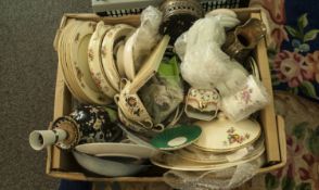 Large Box of Miscellaneous Ceramics including Wedgwood, Crown Ducal part dinner service, various