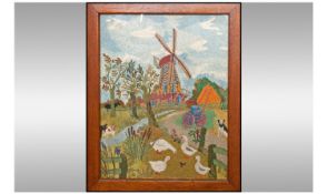 Framed Embroidered Picture Depicting Country Farm House Scene. Mounted and framed behind glass. Size