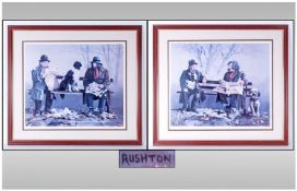 A Pair of Laurence Rushton Pencil Signed Limited Edition Coloured Prints. 'Tramps on a Bench'.