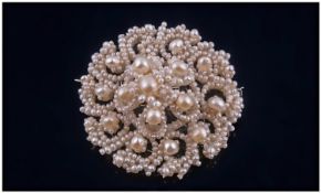 19th Century Circular Pearl Brooch, Mother Of Pearl Frame With Stitched And Knotted Seed Pearls Of