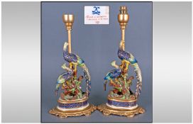 Sevres Style - Pair of Decorative Hand painted Porcelain Early 20th Century Peacock Figural, Gilt