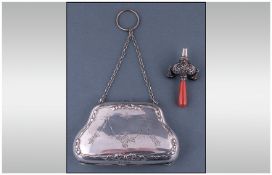 Victorian Silver Plated Purse With Leather Interior. Ribbons and bow decoration. Plus a Victorian