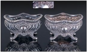 French 19th Century Rococo Style Pair Of Silver Salts. Hallmark London 1881, with import marks. No