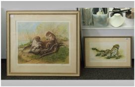 Dick Twinney Framed Coloured Print 'The Otter Family'. Signed in pencil lower right. 21 by 17