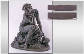 Pierre Alexdre Schoenewerk 1820-1885 Fine Signed Bronze Sculpture Of A Water Nymph By A Stream.
