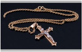 9ct Yellow Gold Pendant Cross, Stamped To Bale 9K. Height Including Bale 1.75 inch. Suspended On a