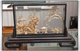 Oriental Cork Carving In Glazed Display. Raised On A Stand.