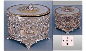 Victorian Silver Plated Oval Biscuit Barrel with an embossed decorative body in the Gothic style