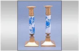 An Early 20th Century Brass and Porcelain Pair of Candlesticks. Each Standing 8 Inches High.