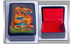 Exquisite Fine Quality Russian Lacquered Box "Tea Party" featuring Russian beauty preparing tea with