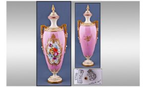 Royal Worcester Hand Painted Floral Two Handle Lidded Vase. Pink colour way, matte gold borders.