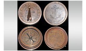 Stanley Of London Vintage Pocket Size Circular Screw Topped Brass Compass And Combined Sun Dial.