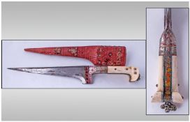 North African Bone Handled Dagger, the blade of unusual shape with engraved ferrules to the