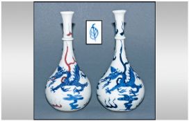 Two Blue and White Oriental Bud Vases. Height 6.5".