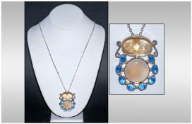 Modern Silver Pendant, Set With Amber Moon Stone And Sapphire Coloured Cabochons, Stamped 925.
