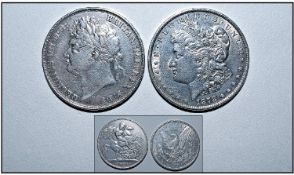 George III Silver Crown, date 1821. V.F condition. Plus an American silver eagle one dollar. Date