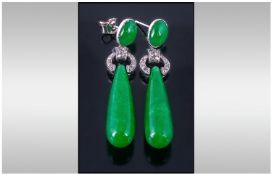 Art Deco Style Jadeite Stone Drop Earrings, Rich Green Colour, White Gold Mounted Polished Oval