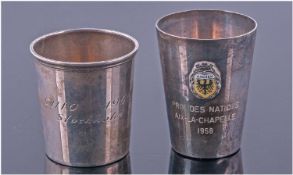German Silver Souvenir Cup, with Applied Enamel Badge Marked Aachen, Engraved "Prix Des Nations