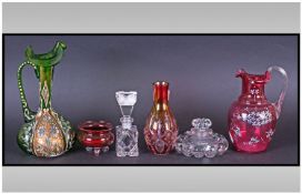 Collection Of Glass Ware, Comprising Cranberry jug with painted floral decoration, green glass lobed