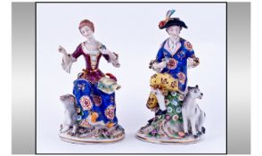 Samson Pair Of Hand Painted Porcelain Figures. Circa 1900. Courting couple in 18th century dress.