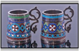 Russian Fine Pair Of 19th Century Moscow School Silver And Enamel Vodka Cups. Dated 12th October