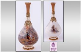 Royal Worcester Hand Painted Specimen Bud Vase.  ' Pheasant In a Woodland Setting ' signed James