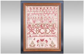 Mid Victorian Framed Wool Sampler, alphabet and numbers. Named Janet Mao William 1854. With