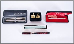 A Parker Duofold Fountain Pen, with Marble Effect Barrel And Cap, Gold Plated Clip And Band,