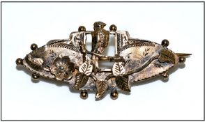 Late Victorian Silver Pressed Brooch, Gilt Front With Applied Bird, Branch And Leaf Design. Fully