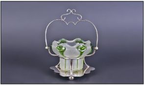 Frosted Glass Preserve Dish, with green decoration on a fitted on EPNS stand.
