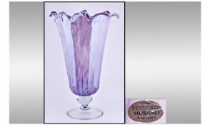 A Large Murano Fluted Petal Shaped Vase. Lilac colour way on clear glass pedestal base. Original